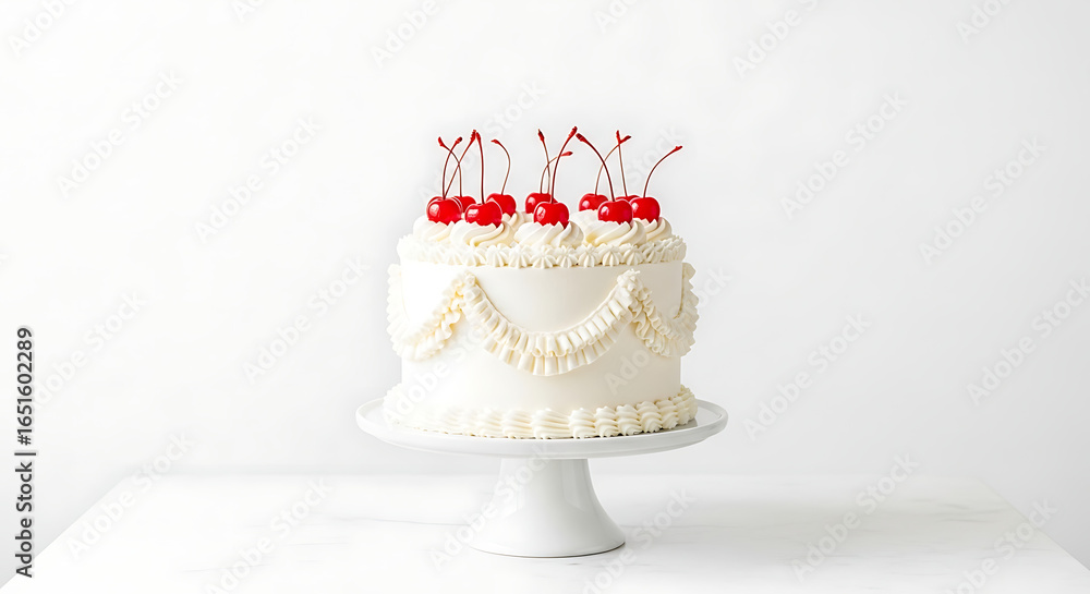 Naklejka premium A white cake with cherries on a cake stand