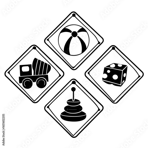 Illustration of various toys, isolated on white background, including a ball, truck, dice, and stackable rings, in a playful arrangement