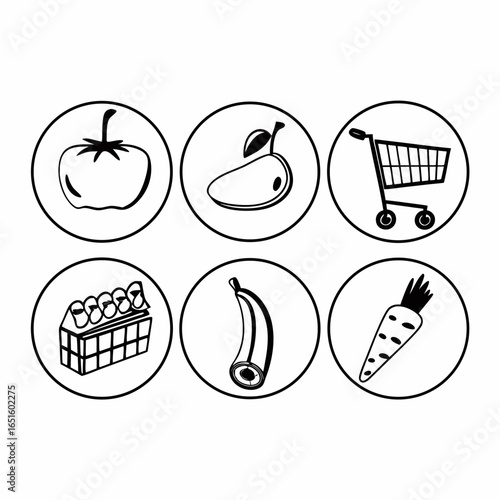 Illustration of tomato, pear, shopping cart, eggs, banana and carrot isolated on white background