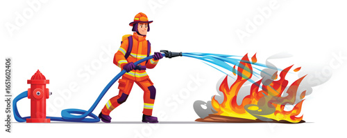 Firefighter holds a hose connected to a hydrant, spraying water to put out a fire. Vector cartoon character illustration
