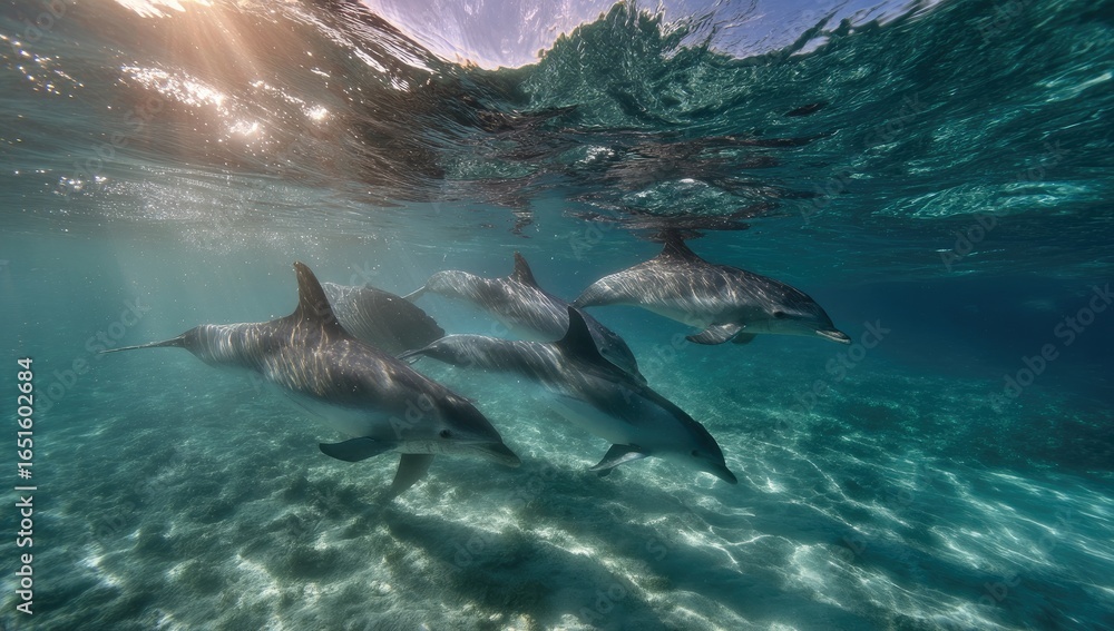 Fototapeta premium Dolphins swimming in shallow, clear turquoise water