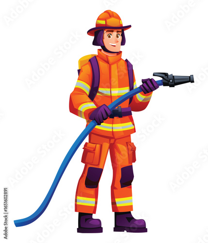 Firefighter in uniform and helmet holding a hose nozzle. He is prepared to spray water to extinguish a fire. Vector cartoon character illustration