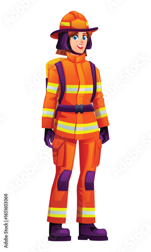 Female firefighter stands confidently, wearing a uniform, helmet, and equipment, ready to protect others. Vector cartoon character illustration