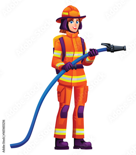 Female firefighter in uniform and helmet holding a hose nozzle. She is prepared to spray water to extinguish a fire. Vector cartoon character illustration