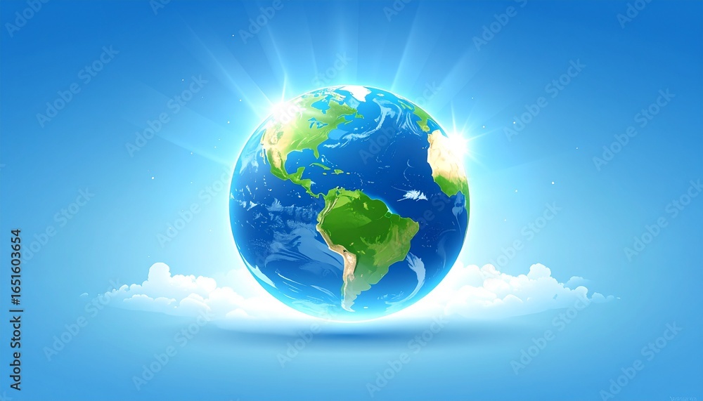 Naklejka premium Glowing Earth with Sunbeams and Clouds against a Blue Sky - A Symbol of Hope and the Planet's Future