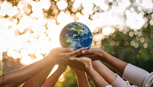 Collective responsibility Diverse hands joining together to protect and sustain our planet Earth for a better future.
