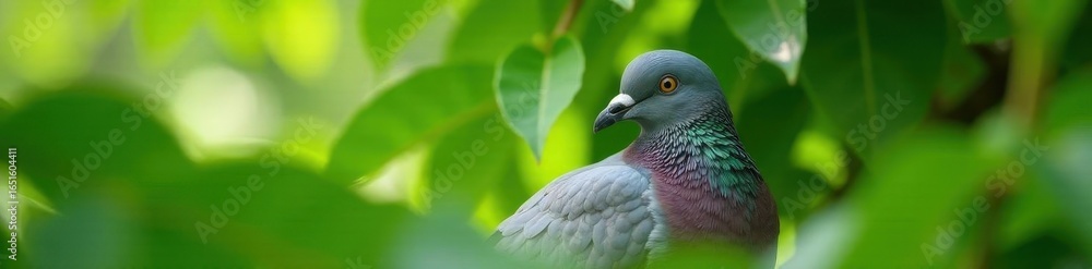 Fototapeta premium Grey pigeon nestled in green tree foliage, close-up view, calm, grey, photo