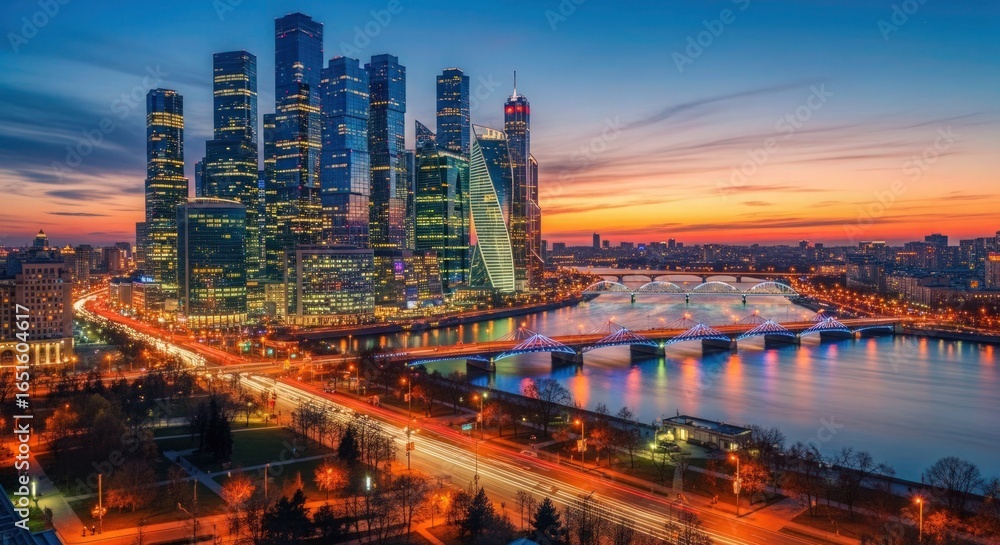 Fototapeta premium Cityscape at dusk featuring skyscrapers and bridges over a river with light trails from traffic
