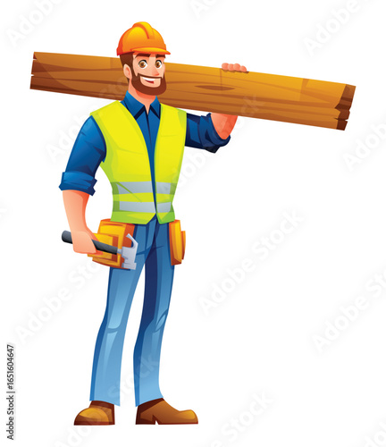 Bearded male builder carrying a large wooden plank on his shoulder. Vector cartoon character illustration