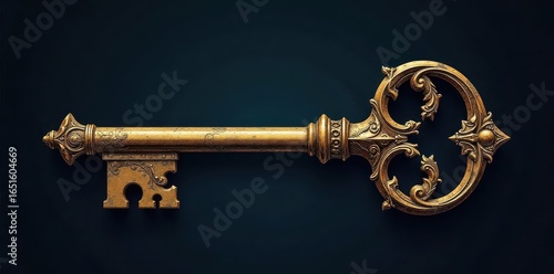 Hand-drawn vector key, elaborate crown etching, dark background, ornate, security