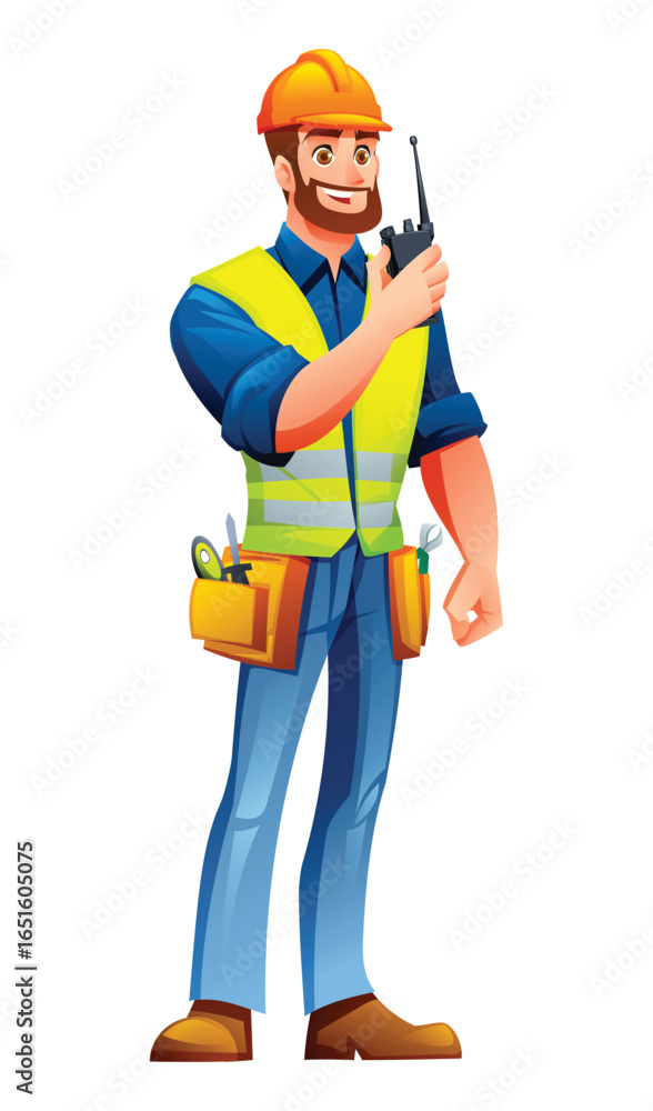 Bearded male engineer with a hardhat, vest, and tool belt talking on a two-way radio or walkie-talkie. Vector cartoon character illustration Bearded male engineer with a hardhat, vest, and tool belt talking on a two-way radio or walkie-talkie. Vector cartoon character illustration