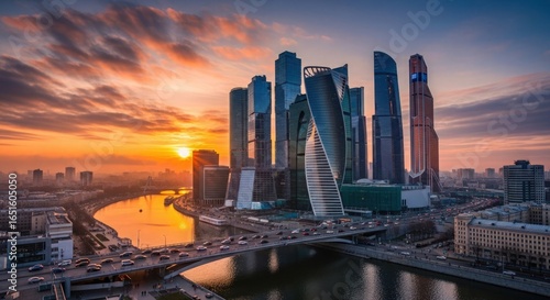 Aerial view of moscow international business center skyscrapers at sunset with river and traffic on bridge