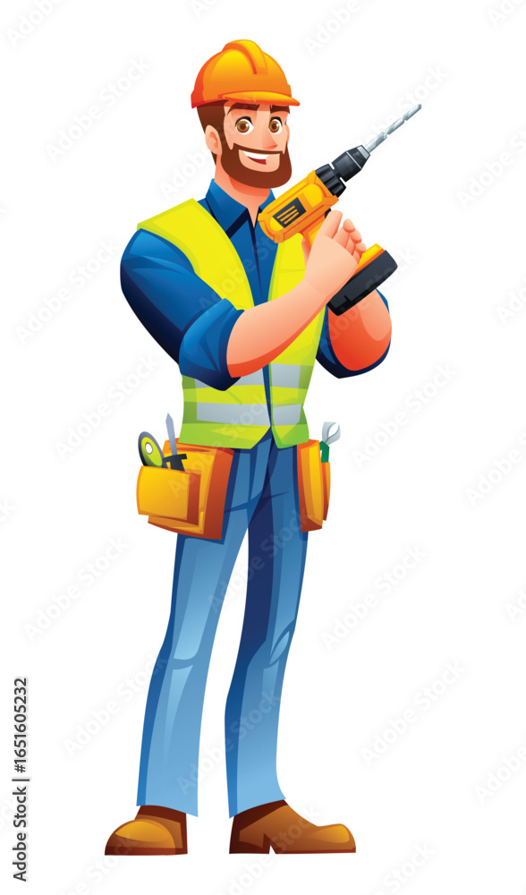 Bearded male engineer wearing a tool belt, hardhat, and vest, holding a cordless drill. Vector cartoon character illustration Bearded male engineer wearing a tool belt, hardhat, and vest, holding a cordless drill. Vector cartoon character illustration