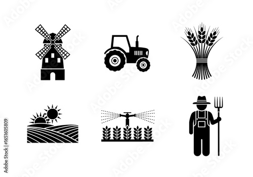 Symbolic agricultural icons set in a clean and modern representation of farming practices.