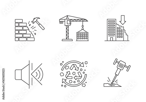 Six linear destruction and construction icons depicting building demolition, jackhammer, recycle, and construction crane