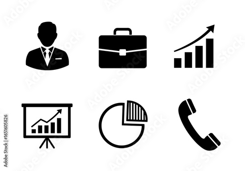 Assorted business icon illustrations displaying growth, management, strategy, and connection in minimal styling.
