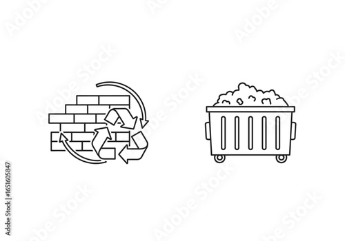Minimalist design showcasing recycling and waste management concepts with brick pattern and trash illustration