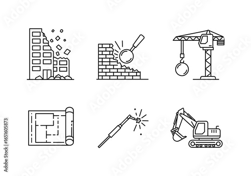 Line art depicting construction and demolition icons including blueprints, crane, and damaged building