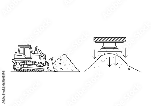 Bulldozer and Compactor Equipment Line Art Illustration Depicting Soil Compaction with Arrows and Minimalist Details