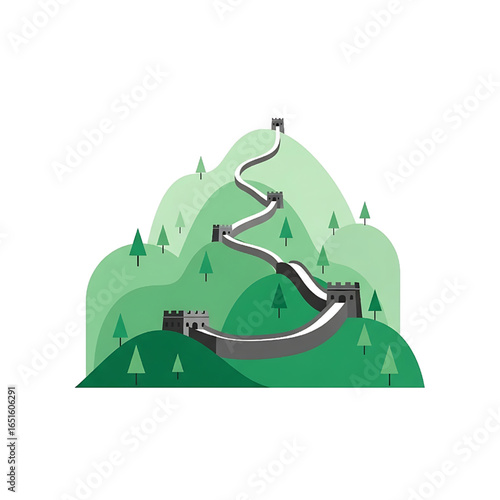 Great Wall of China Illustration on Green Hills and Mountains with Trees