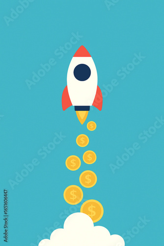 A rocket ship launching upwards against a blue background, with gold coins symbolizing money propelling it forward. This represents financial growth, investment success, and the potential for signific