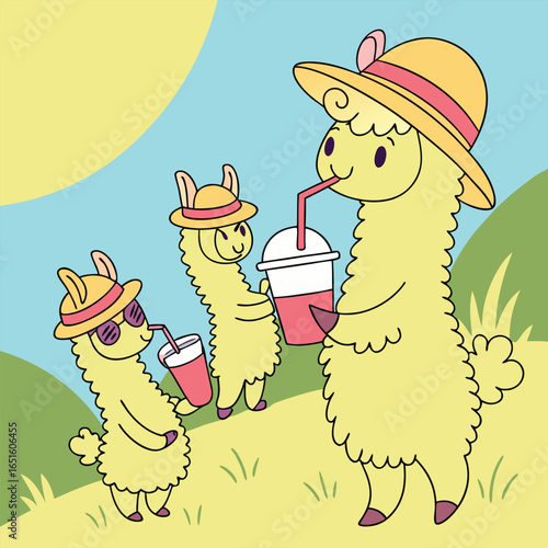 cute alpaca family drinking juice on summer day