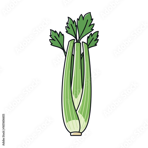 A simple cartoon illustration of a fresh bunch of green celery stalks with leaves, isolated on a white background.
