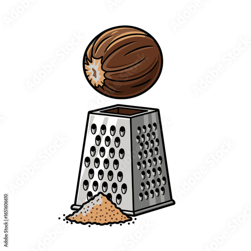 A whole nutmeg poised above a grater, with freshly grated nutmeg accumulating below, illustrating the process of preparing the spice.