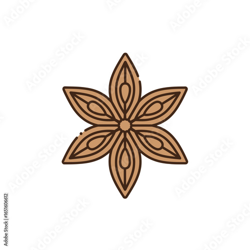 A stylized brown line art icon of a single star anise pod, a fragrant culinary spice, isolated on a white background.