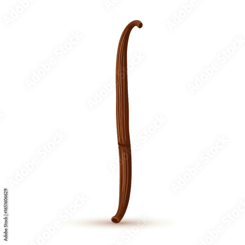 A single, elongated, dark brown vanilla bean pod, curved at the top and bottom, isolated on a clean white background.