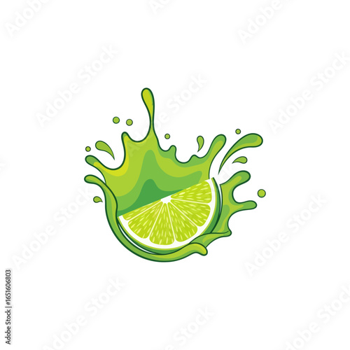 A vibrant illustration of a lime wedge with a splash of green liquid, creating a refreshing and dynamic visual.