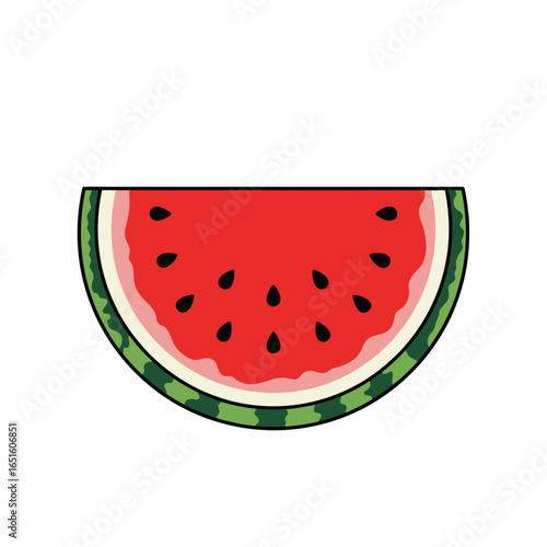 Cartoon style illustration of a watermelon slice, showing the red flesh, black seeds, and green rind.