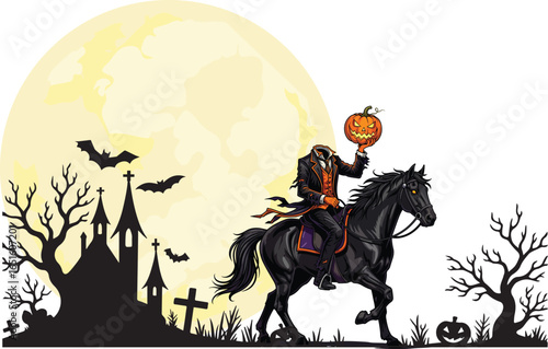 Headless sleepy hollow Halloween. Halloween scary vector art illustration. halloween elements