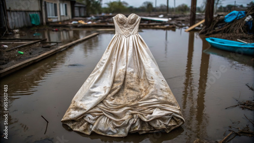 Flood victims need urgent assistance. A wedding dress submerged in muddy water, surrounded by debris and desolation.