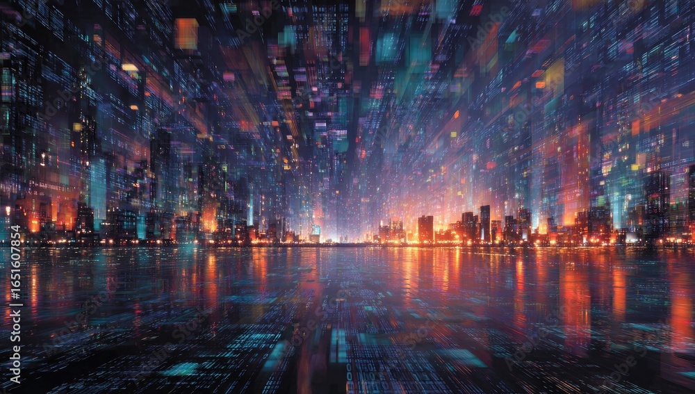 Fototapeta premium Futuristic city reflected in water, digital overlay