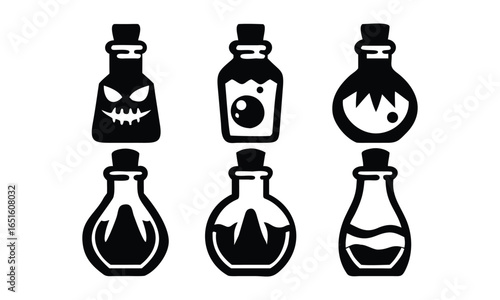 Mysterious potion bottles collection, perfect for Halloween designs and magical themes, adding an enchanting touch.