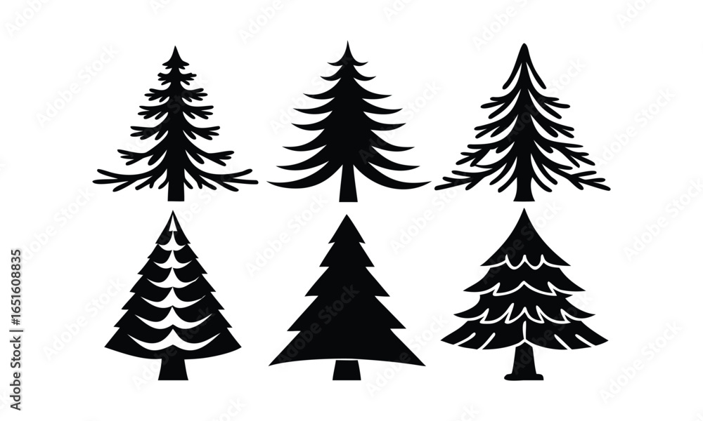 Obraz premium Six distinct black silhouette Christmas trees, festive winter forest icons, perfect for holiday design elements