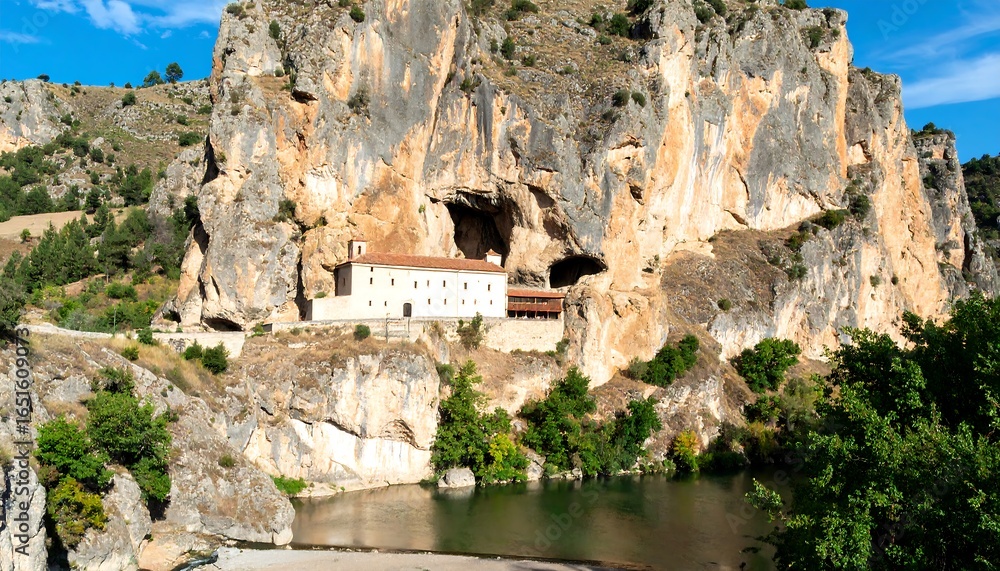 Fototapeta premium A monastery nestled within a cliff face overlooking a calm river.