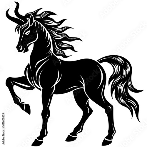 Black and white illustration of a majestic unicorn with a flowing mane and tail horse mythical creature
