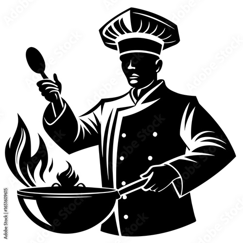 Silhouette of a chef in uniform cooking with a wok and flames on a white background fire