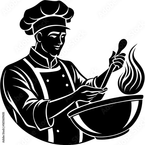 Black and white illustration of a chef cooking with a wok and flames food cuisine