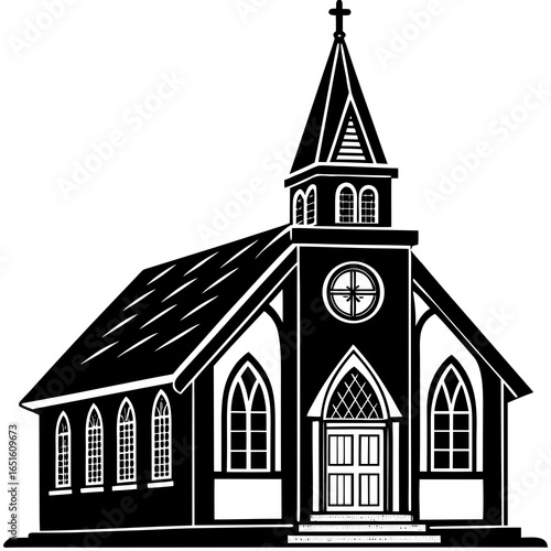 Black and white silhouette of a church with a steeple and stained glass windows chapel religious