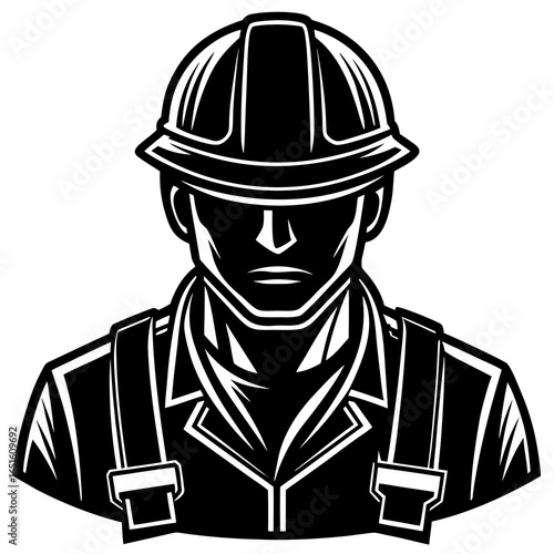 Black and white illustration of a construction worker wearing a hard hat and overalls builder manual labor