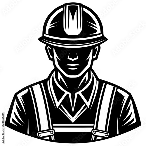 Black and white illustration of a construction worker wearing a hard hat and overalls builder manual labor