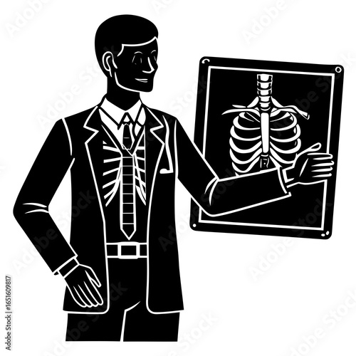 Doctor showing X-ray of human rib cage and spine human skeleton