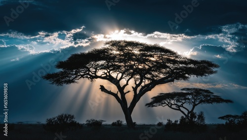 Silhouetted acacia tree stands majestically, bathed in the radiant, crepuscular sun's rays piercing through dramatic clouds, casting long shadows across the savanna