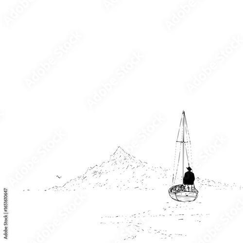 Monochrome sketch of a lone sailor in a boat with a mountain backdrop against a white sky landscape scene