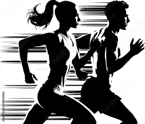 Running man and woman, isolated vector silhouettes. Run, side view. Silhouettes of athletic looking male and female runners running. EPS version.