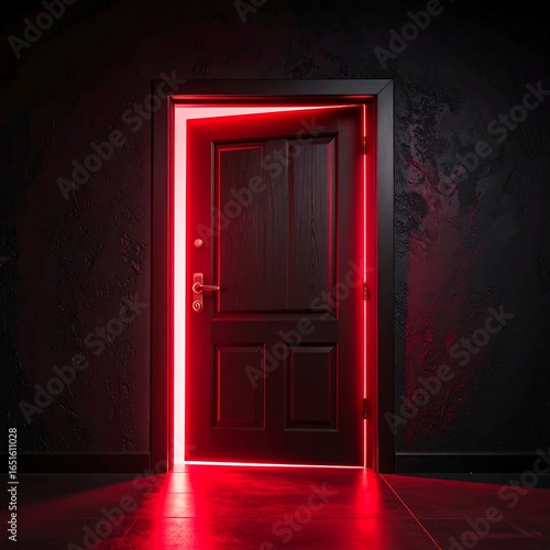 A dark room's slightly ajar door glows with an ominous red light, hinting at mystery and the unknown beyond.