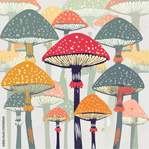 Playful retro mushroom forest pattern in coral pink dusty rose and walnut brown channels whimsical botanical charm with mid-century folk art feel